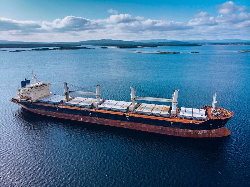 Large cargo ship in the White sea aerial view